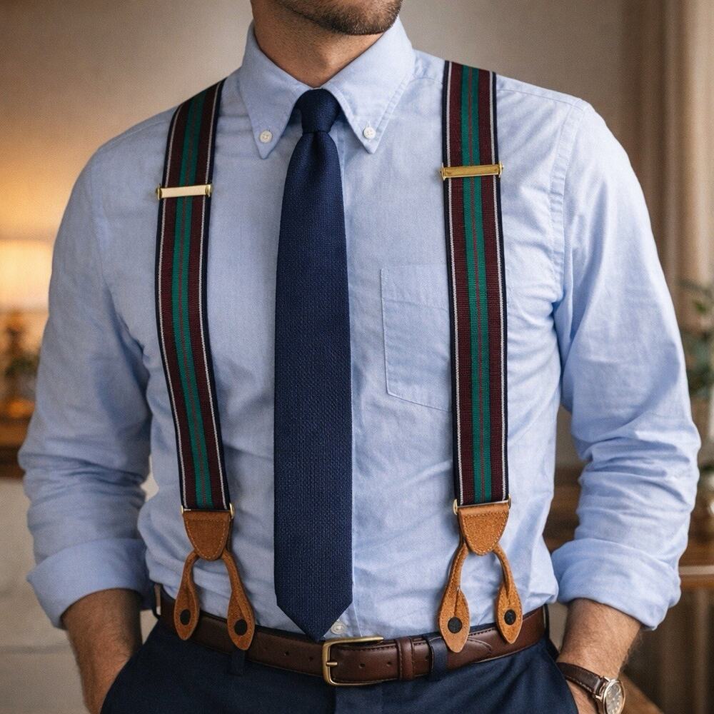 Vintage Cole Haan Suspenders Y Back Striped Leather Button Braces Preppy 90s EUC - Picture 2 of 10